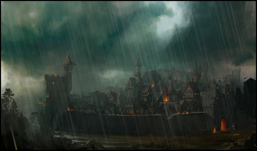 città fantasy sotto la pioggia